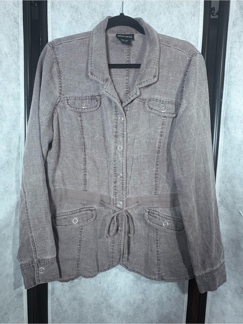 Athleta Vintage 100% Linen Snap Up Jacket Brown Cinch Waist XL
